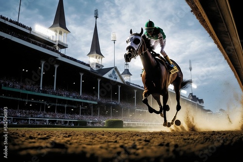 horse and jockey racing at the kentucky derby