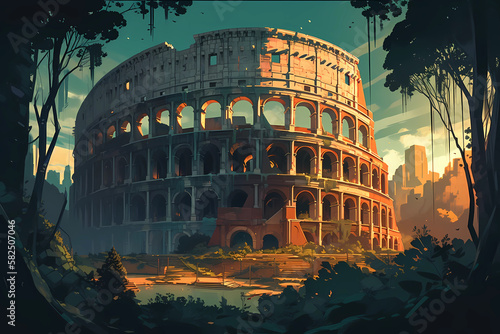 he majestic Colosseum in ancient Rome. digital art illustration. generative AI.