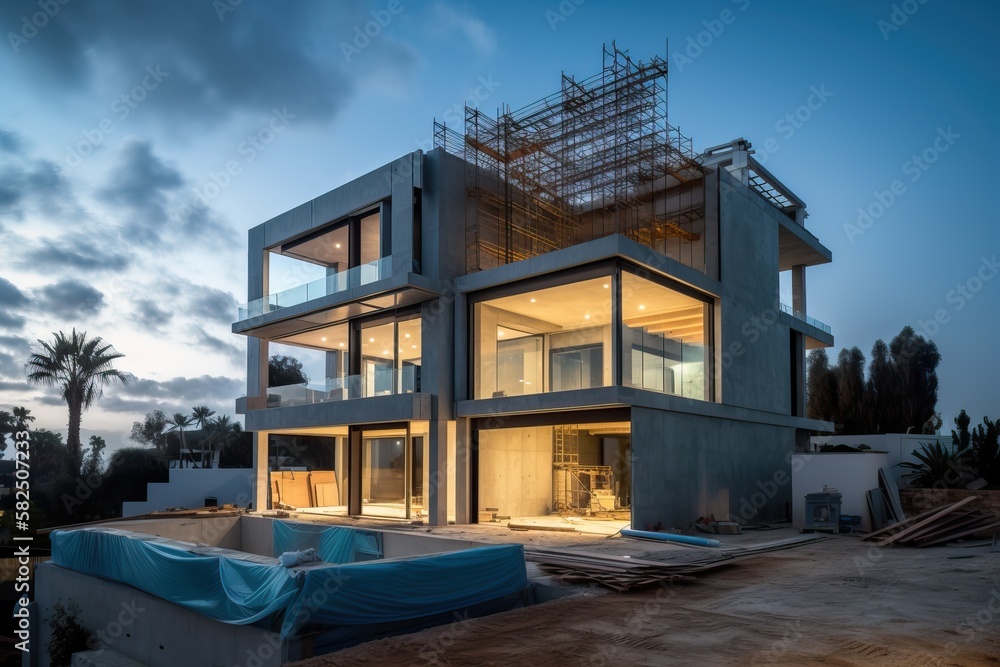 Contemporary villa with pool and garden at blue hour, generative ai