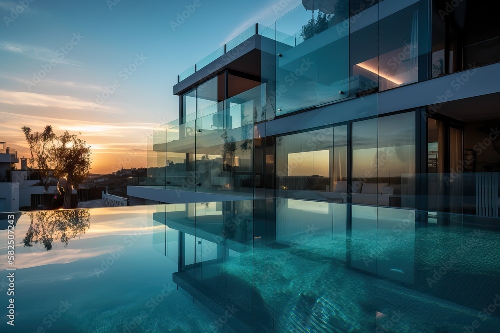 Obraz premium Contemporary villa with pool and garden at blue hour, generative ai