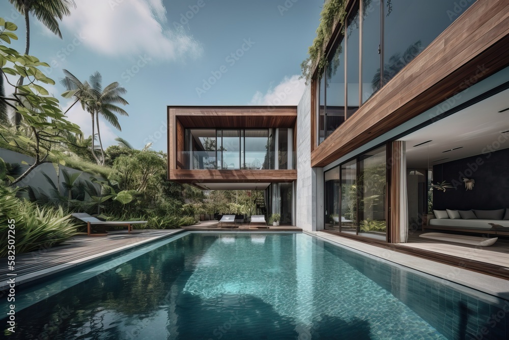 Contemporary villa with wood and concrete in a lush tropical garden, generative ai