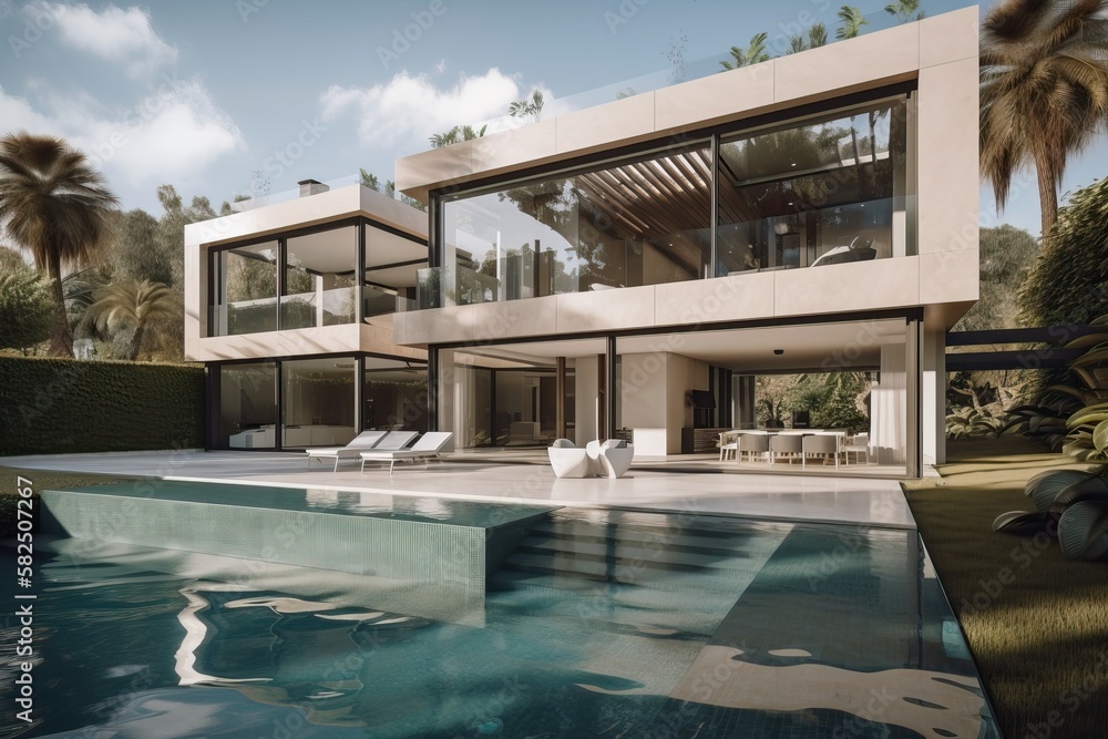 Fototapeta premium Contemporary villa with pool and garden in a sunny day, generative ai