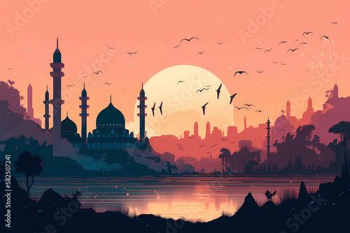 peaceful Ramadhan art piece, warm palette. digital art illustration. generative AI.