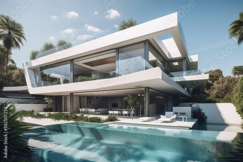 Contemporary villa with pool and garden in a sunny day, generative ai