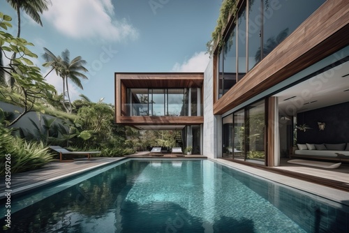Contemporary villa with wood and concrete in a lush tropical garden, generative ai © FrankBoston
