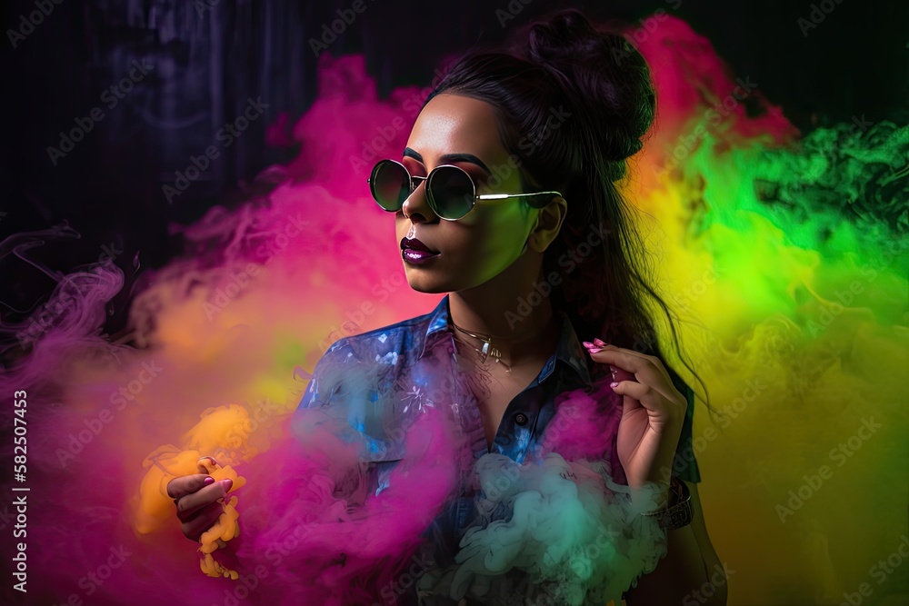 Fashion art portrait of beautiful model, woman in bright neon lights with colorful smoke - generative ai Fashion art portrait of beautiful model, woman in bright neon lights with colorful smoke - generative ai