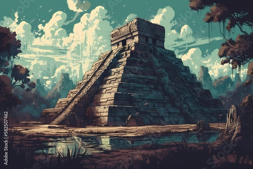 ruins of the Chichen Itza in ancient Mexico. digital art illustration. generative AI. photo