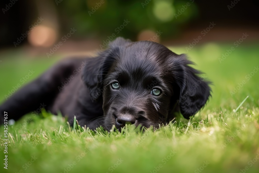 A little black dog puppy lies on the grass. Generative AI