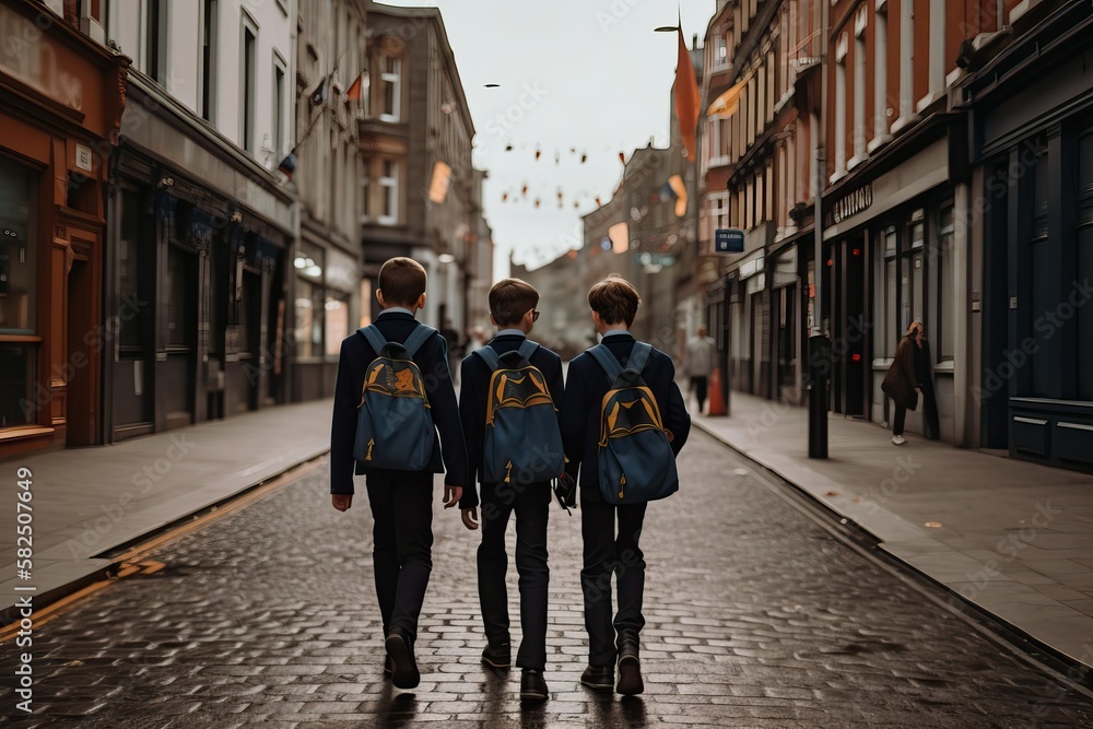 Three schoolboys walking on the street on the way to school, generative ai