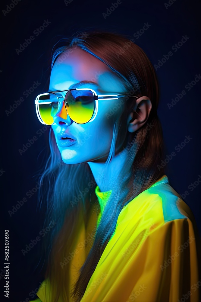 Fashion model portrait with round sunglasses poses in yellow and blue neon light in the studio - generative ai	