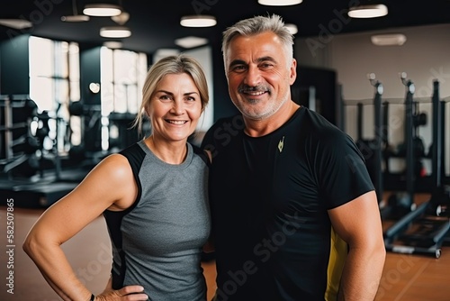 Portrait of posing active senior couple exercising in gym club together - generative ai