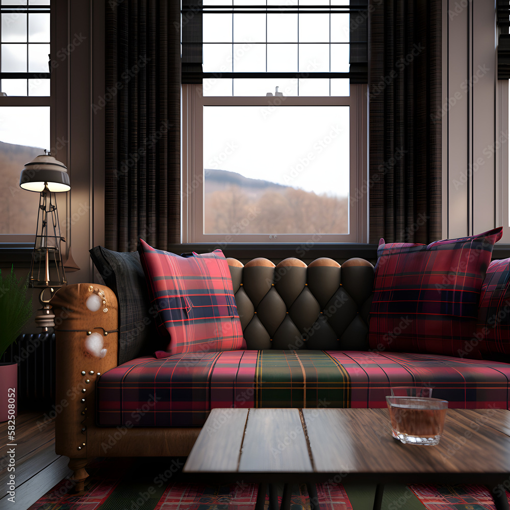 Tartan couch in a cozy modern living room interior with big windows