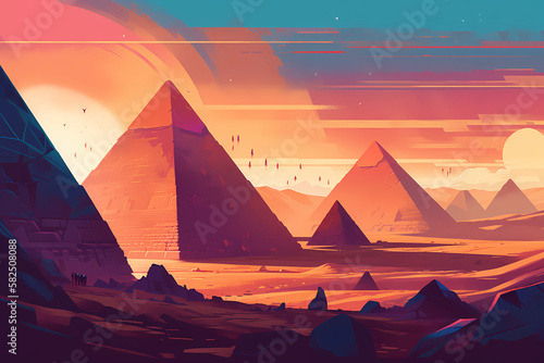 the Pyramids of Giza in ancient Egypt. digital art illustration. generative AI.