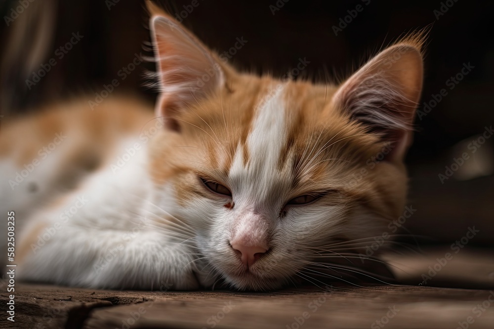 Adorable kitty snoozes against a wood background. Generative AI
