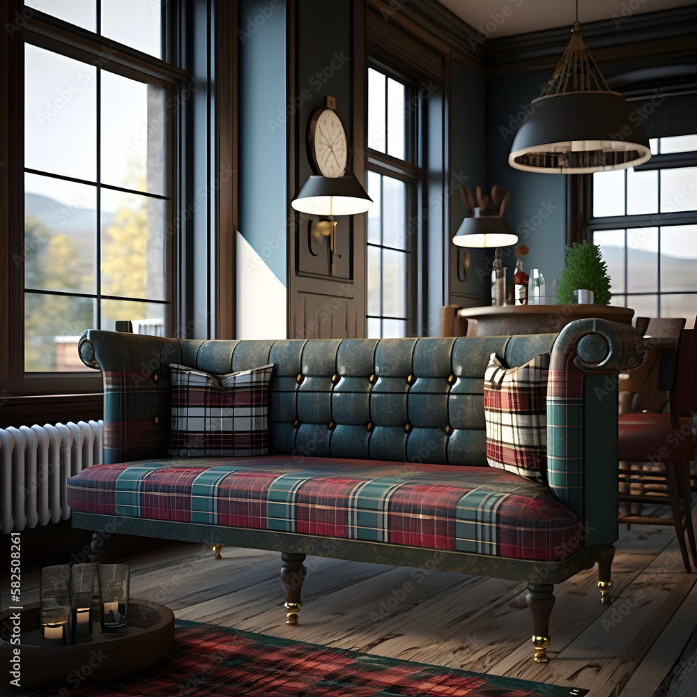 Tartan couch in a cozy modern living room interior with big windows