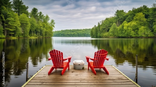 Two red adirondack chairs on a wooden dock on a lake - generative ai