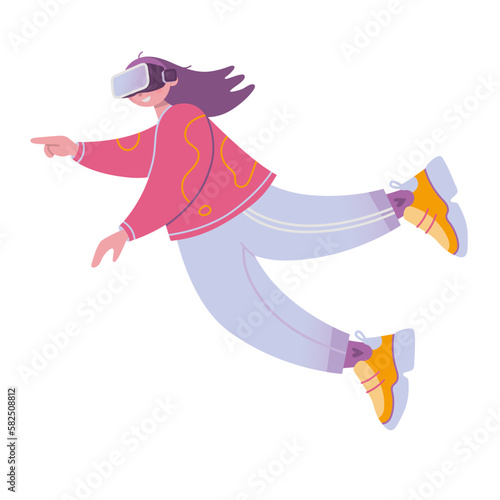 Girl in VR digital glasses flying through space, cartoon style. Character concept, Metaverse or Virtual reality. Trendy modern vector illustration isolated on white, hand drawn, flat