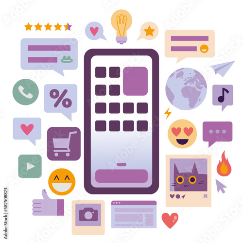 Smartphone screen with application menu, symbols and icons, cartoon style. Online social communication, variety of phone functions concept. Trendyvector illustration isolated on white, flat