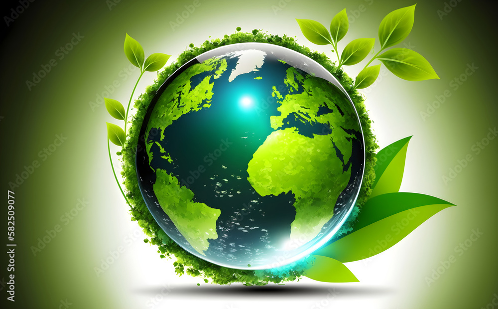 Earth day background for report and presentation with image of bright glow earth symbol with growth and freshness small tree on beautiful adiantum freshness fern. AI generative
