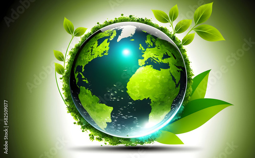 Fototapeta Naklejka Na Ścianę i Meble -  Earth day background for report and presentation with image of bright glow earth symbol with growth and freshness small tree on beautiful adiantum freshness fern. AI generative