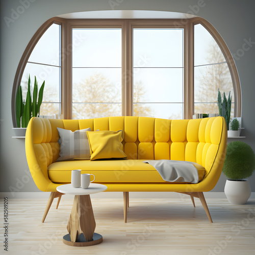 Yellow couch in a cozy modern living room interior with big windows, Generative AI
 photo