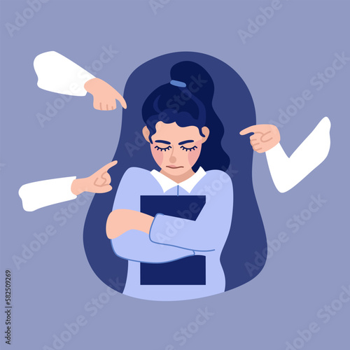 Illustration of depression, shaming, abuse and child bullying in flat style. Sad girl hugs herself, holding book. Someone points fingers at her.