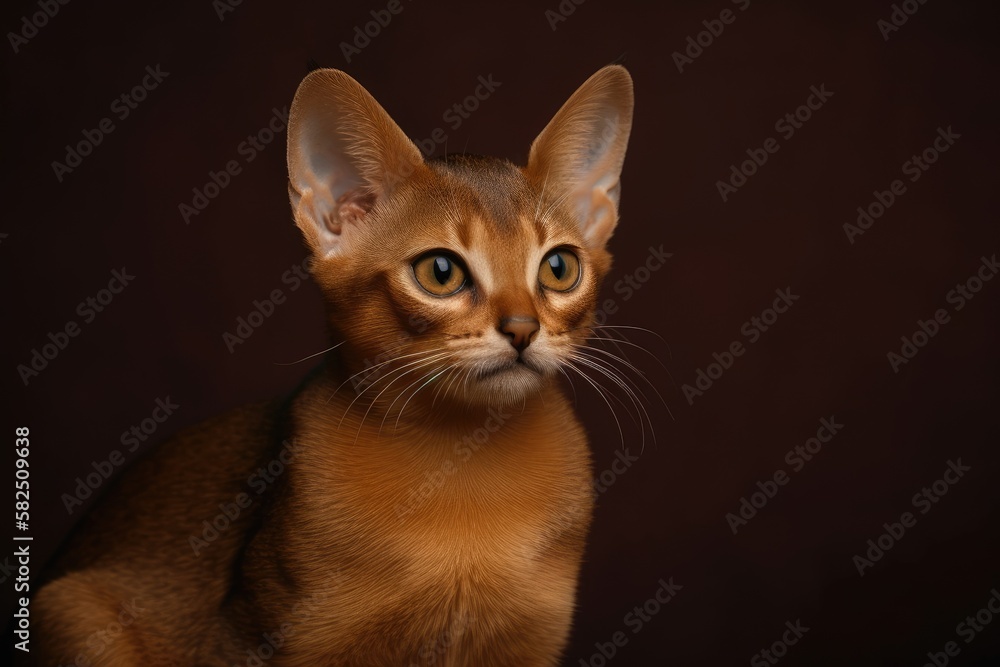 A small ruddy abyssinian cat, kitty on a brown background. Generative AI