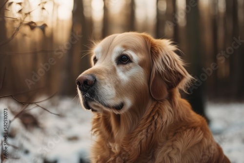 a wintertime outdoor photo of a golden retriever dog. Generative AI