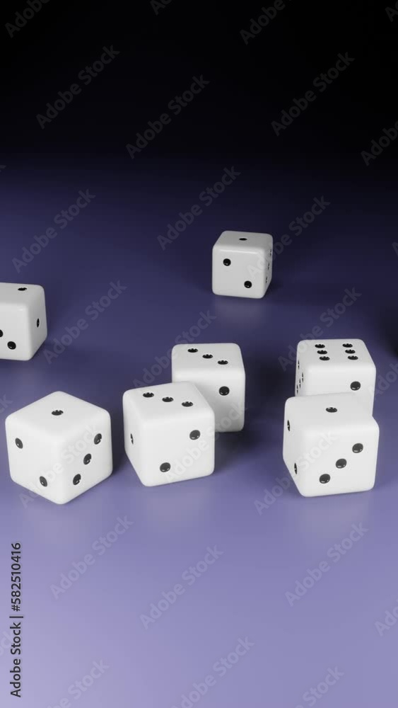 Vertical 3D render of playing dice falling onto a purple surface Vertical 3D render of playing dice falling onto a purple surface