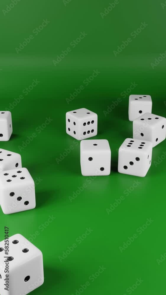 Vertical 3D render of playing dice falling onto a green surface Vertical 3D render of playing dice falling onto a green surface