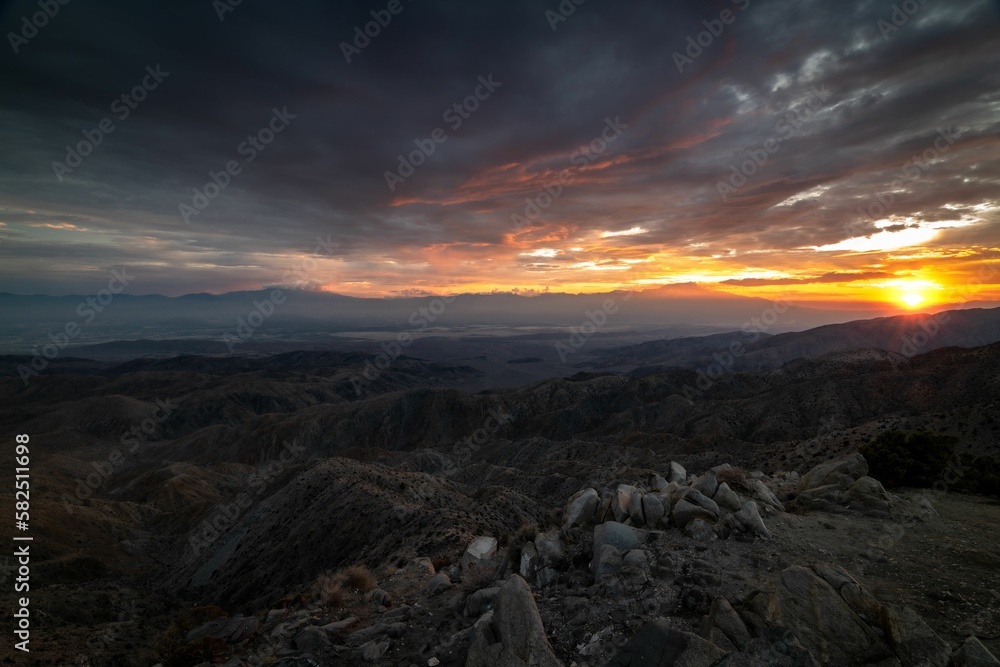 Landscape view of the sunset over the mountains and hills