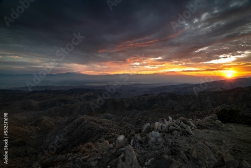 Landscape view of the sunset over the mountains and hills