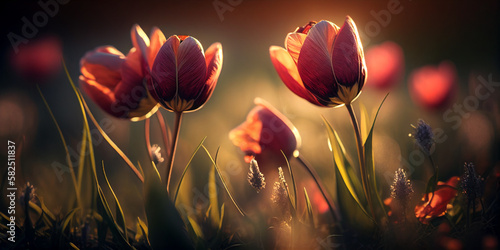 Tulips with sunny background. AI generated illustration