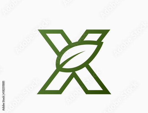 small line letter x with leaf. eco alphabet logotype. eco friendly and environment symbol. isolated vector image