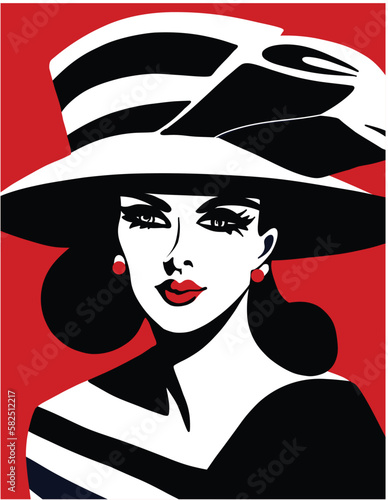 Stylish beautiful model for fashion design. Art deco graphic illustration. Portrait of pretty woman with striped hat. Elegant vector style.
