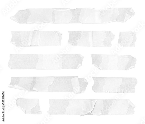Collection of adhesive masking tape pieces on transparent background, isolated, extracted, png file
