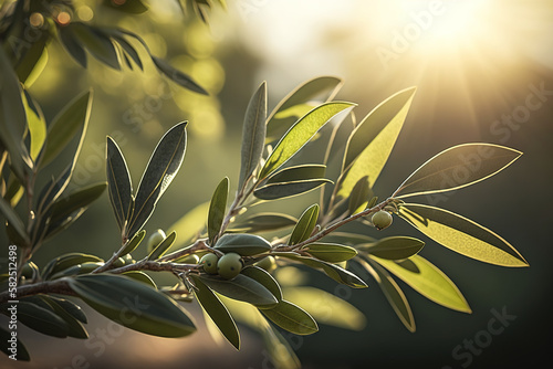 Close-up of olive leaves, and olives. generate by ai