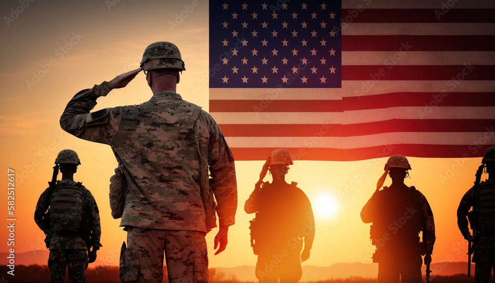American soldiers saluting their flag. generate by ai American soldiers saluting their flag. generate by ai