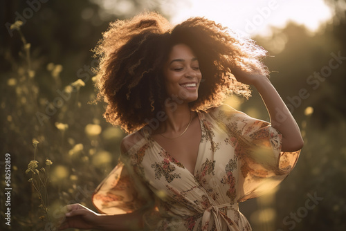 Woman with curly hair dancing in the park in spring. generate by ai