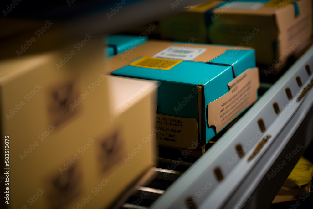 Fototapeta premium Conveyor belt with orders. Automatic mechanized logistics. Generative AI
