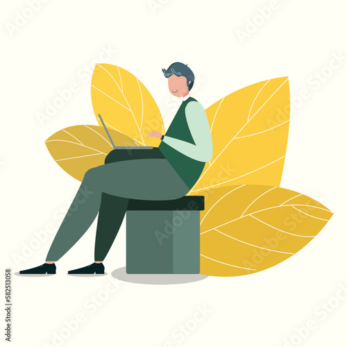 people work from anywhere with laptop and some yellow plant. working form home. man with laptop. freelance. man sit down with laptop