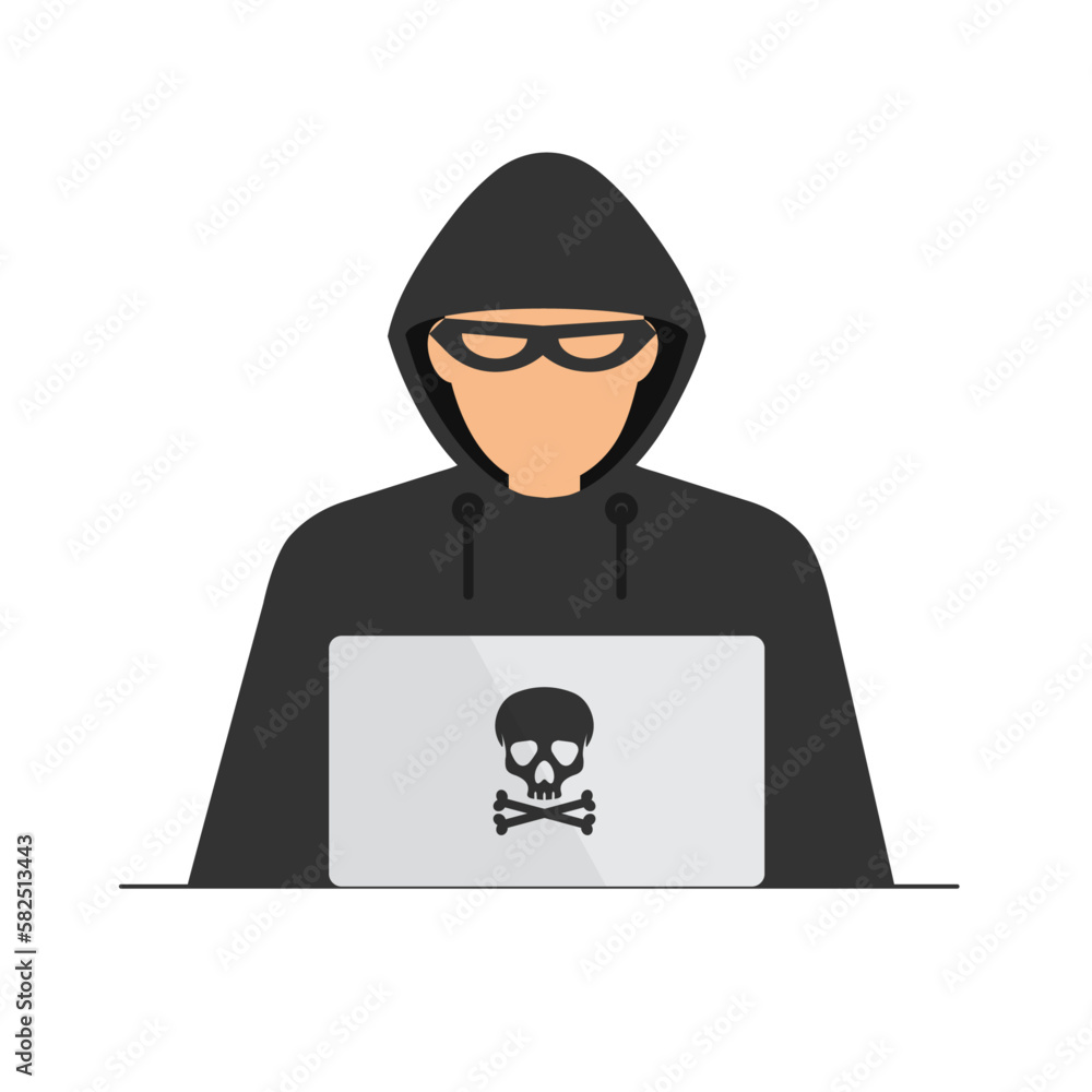 Hacker in black hood or cyber criminal at laptop. Process of stealing user personal data. Internet phishing. Hackers attack. Vector illustration isolated on white.