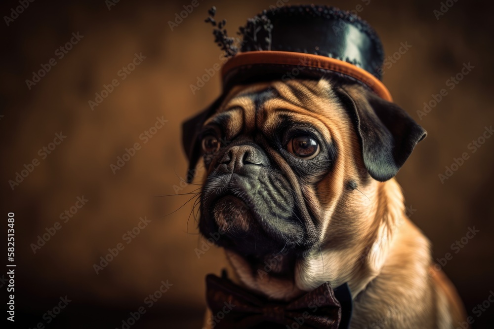 funny pug A snapshot of a pet on a brown background for the New Year. Generative AI