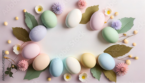 Easter festivity eggs on white table. Floral frame. Spring holiday. Free space for text.