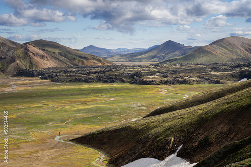 View of valley and colorful rhyolite mountains at Landmannalaugar, Iceland. Laugavegur hiking trail in Iceland