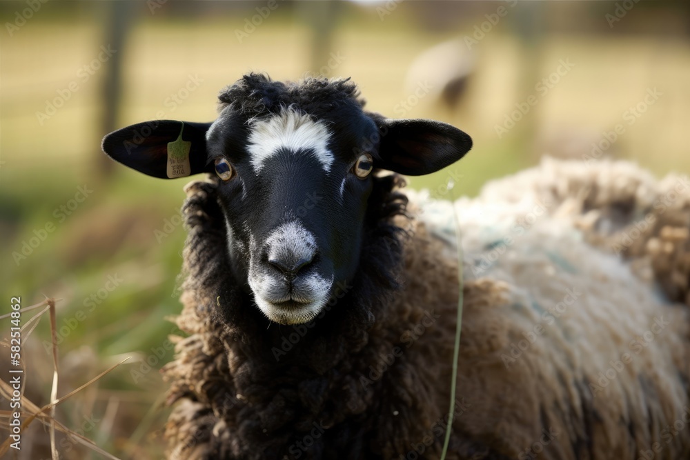 One dorper black headed sheep with a stripe in the centre of its head is looking at the camera while grass is at its feet and a farm gate is in the background. Generative AI