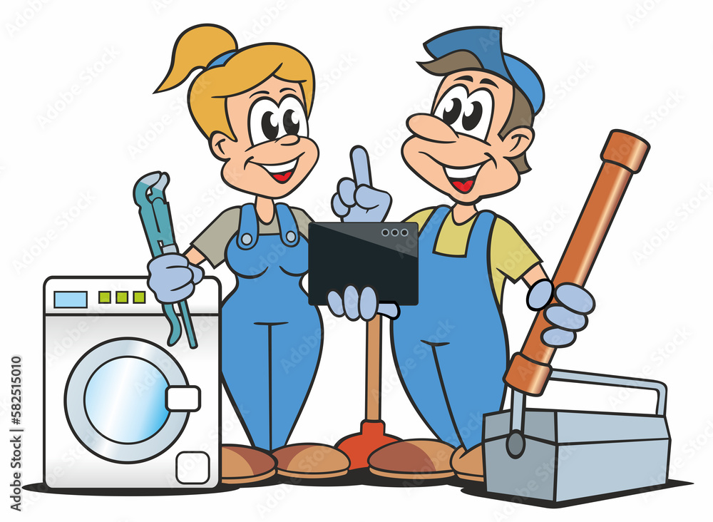 Installateur und Installateurin mit Waschmaschine, Rohrzange und Rohr