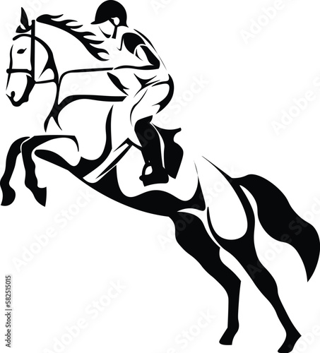 Black and White Cartoon Illustration Vector of a Racing Horse Running with Jockey