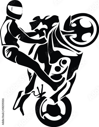 Black and White Cartoon Illustration Vector of a Motorbike Jump Stunt