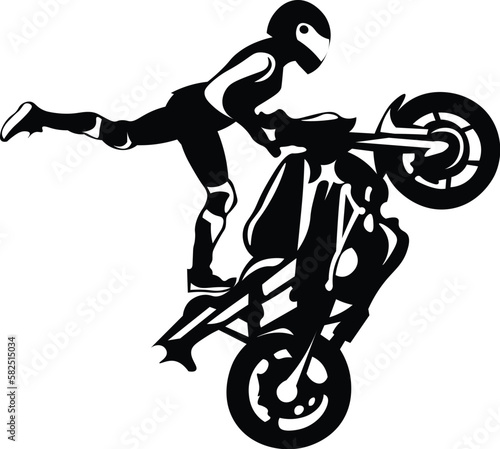Black and White Cartoon Illustration Vector of a Motorbike Jump Stunt
